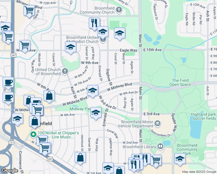 map of restaurants, bars, coffee shops, grocery stores, and more near 525 West Midway Boulevard in Broomfield