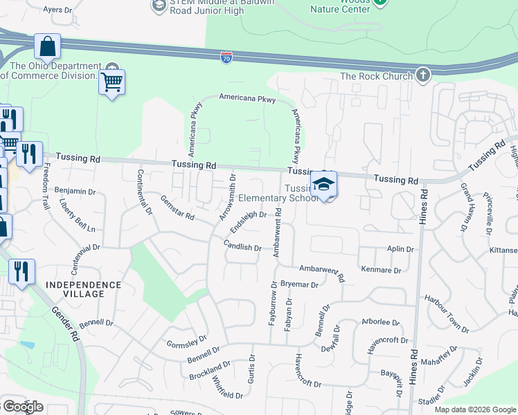 map of restaurants, bars, coffee shops, grocery stores, and more near 6969 Endsleigh Drive in Reynoldsburg