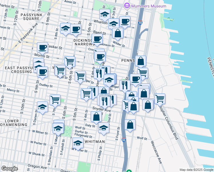 map of restaurants, bars, coffee shops, grocery stores, and more near 214 Sigel Street in Philadelphia