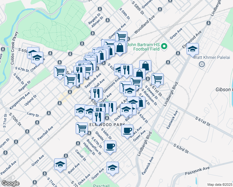 map of restaurants, bars, coffee shops, grocery stores, and more near 6313 Wheeler Street in Philadelphia