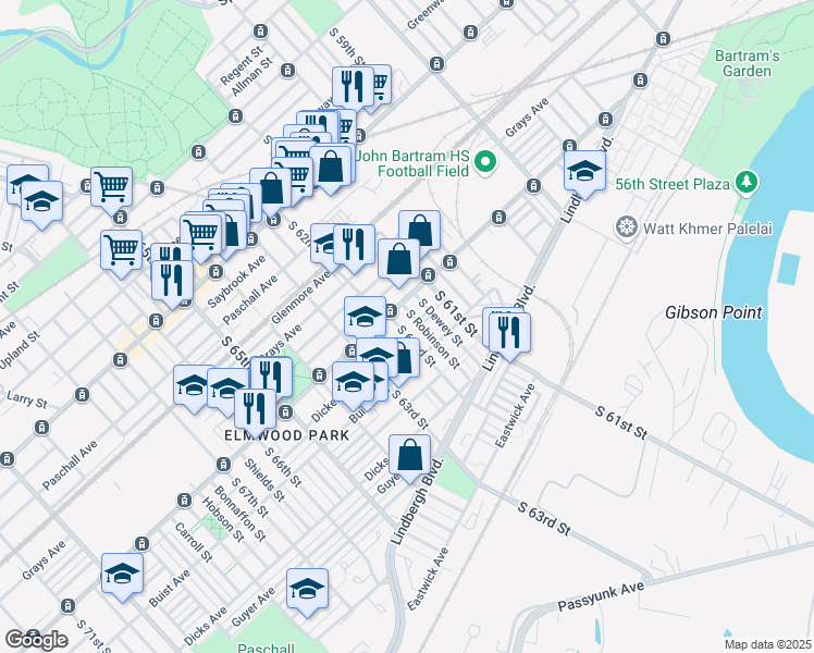 map of restaurants, bars, coffee shops, grocery stores, and more near 2523 South 62nd Street in Philadelphia