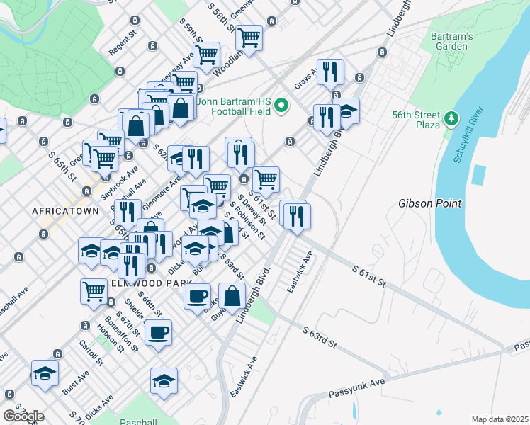 map of restaurants, bars, coffee shops, grocery stores, and more near 2600 South 61st Street in Philadelphia