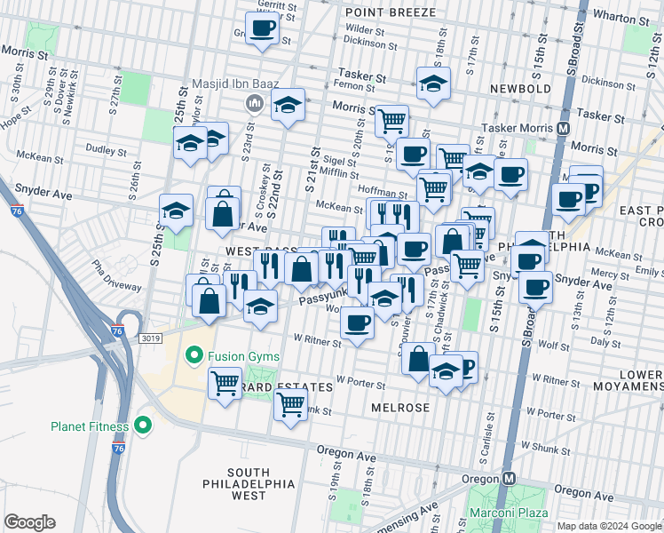 map of restaurants, bars, coffee shops, grocery stores, and more near 2140 South 20th Street in Philadelphia