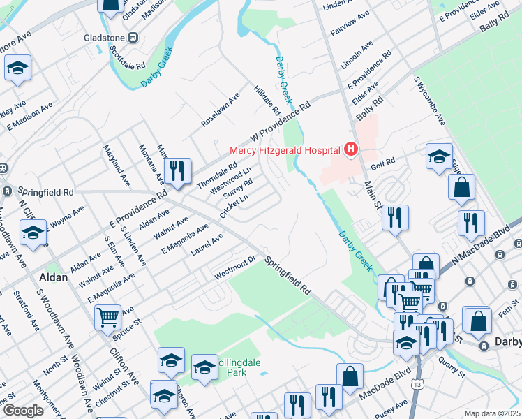map of restaurants, bars, coffee shops, grocery stores, and more near 733 West Penn Pines Boulevard in Aldan