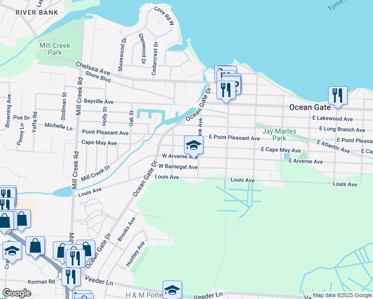 map of restaurants, bars, coffee shops, grocery stores, and more near 130 East Bayview Avenue in Ocean Gate