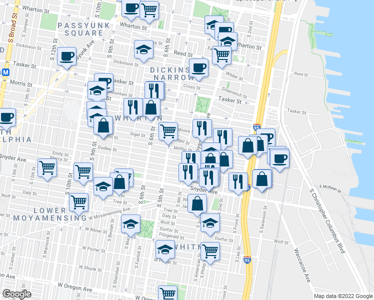 map of restaurants, bars, coffee shops, grocery stores, and more near Mifflin Street & South 4th Street in Philadelphia