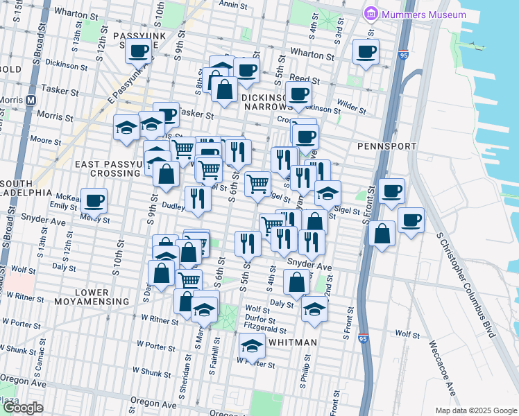 map of restaurants, bars, coffee shops, grocery stores, and more near 1905 South 5th Street in Philadelphia