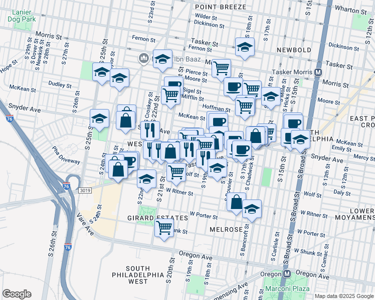 map of restaurants, bars, coffee shops, grocery stores, and more near 2140 South 20th Street in Philadelphia