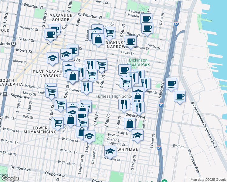 map of restaurants, bars, coffee shops, grocery stores, and more near 1905 South 5th Street in Philadelphia
