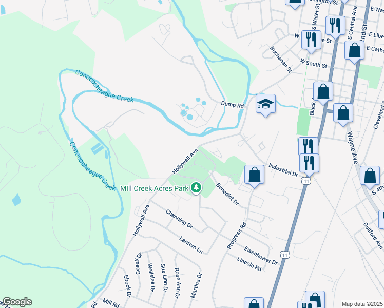 map of restaurants, bars, coffee shops, grocery stores, and more near 1051 Hollywell Avenue in Chambersburg