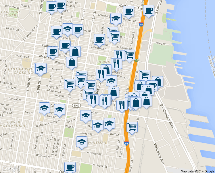 map of restaurants, bars, coffee shops, grocery stores, and more near 224 Sigel Street in Philadelphia