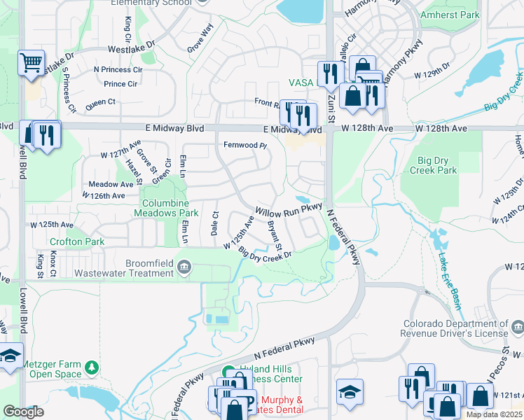 map of restaurants, bars, coffee shops, grocery stores, and more near 12549 Bryant Street in Broomfield