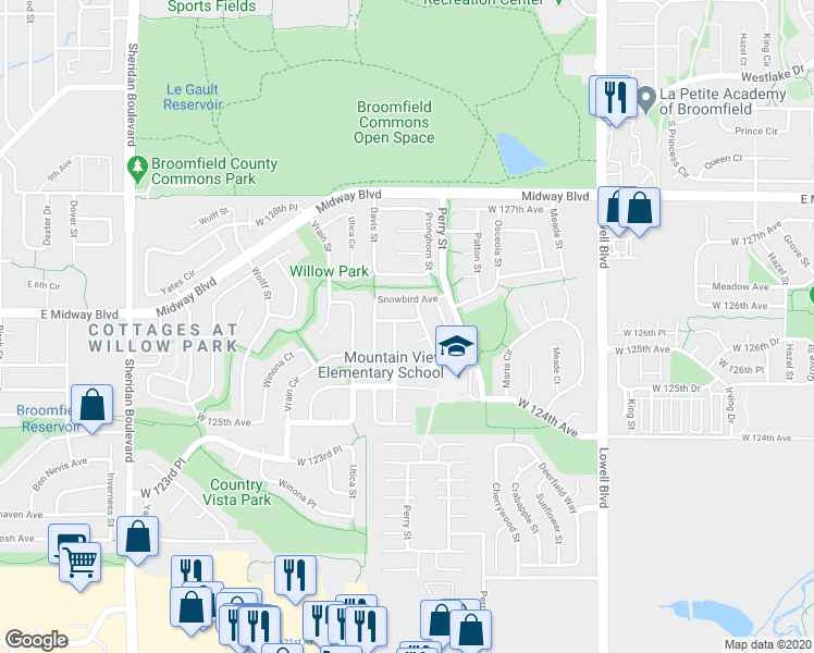map of restaurants, bars, coffee shops, grocery stores, and more near 12537 Rivera Street in Broomfield