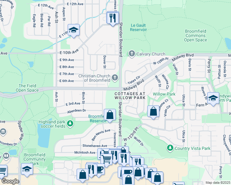 map of restaurants, bars, coffee shops, grocery stores, and more near 12565 Sheridan Boulevard in Broomfield