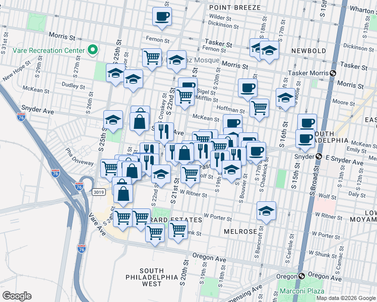 map of restaurants, bars, coffee shops, grocery stores, and more near in Philadelphia
