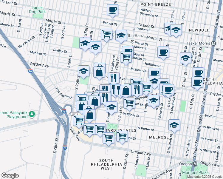 map of restaurants, bars, coffee shops, grocery stores, and more near 2233 South 22nd Street in Philadelphia