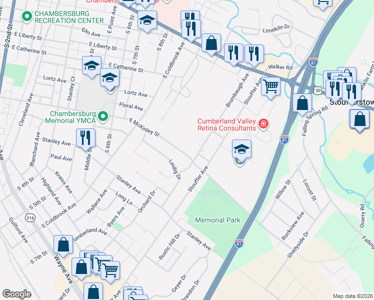 map of restaurants, bars, coffee shops, grocery stores, and more near 1070 East McKinley Street in Chambersburg