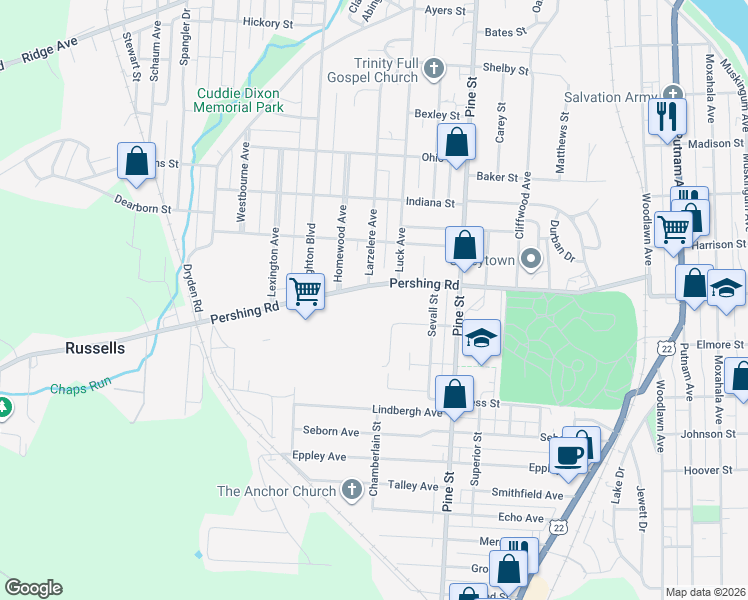 map of restaurants, bars, coffee shops, grocery stores, and more near 1007 South Luck Avenue in Zanesville