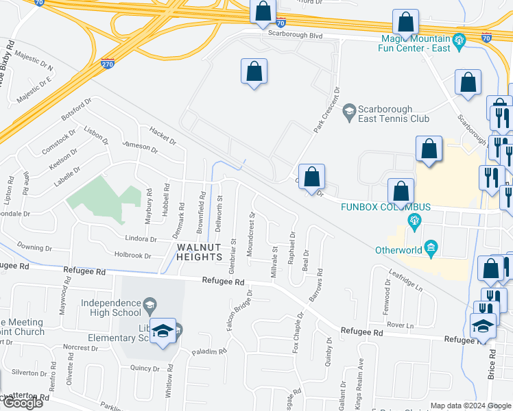 map of restaurants, bars, coffee shops, grocery stores, and more near 2701 Mellowbrook Street in Columbus