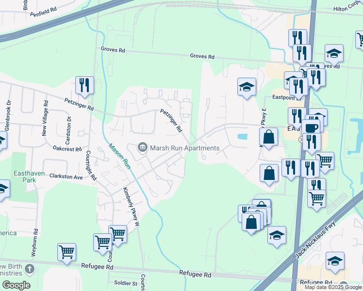 map of restaurants, bars, coffee shops, grocery stores, and more near 3982 Laurel Lane in Columbus