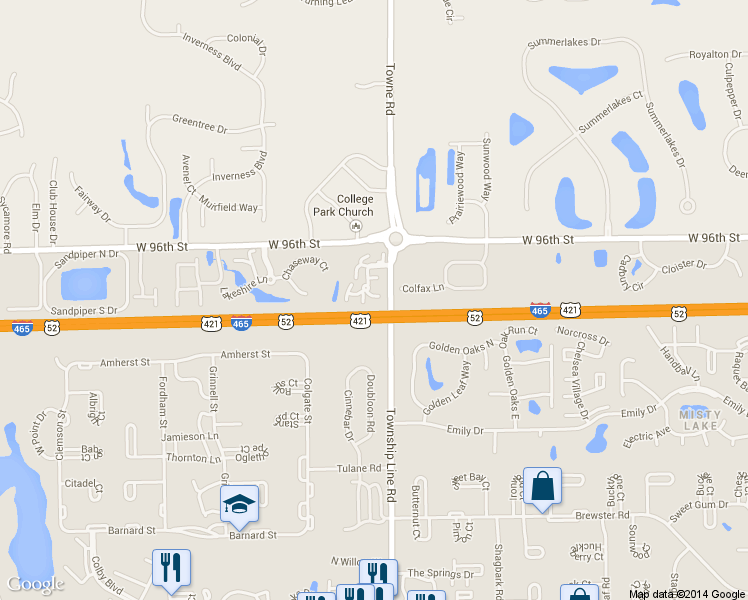 map of restaurants, bars, coffee shops, grocery stores, and more near 9459 Maple Way in Indianapolis