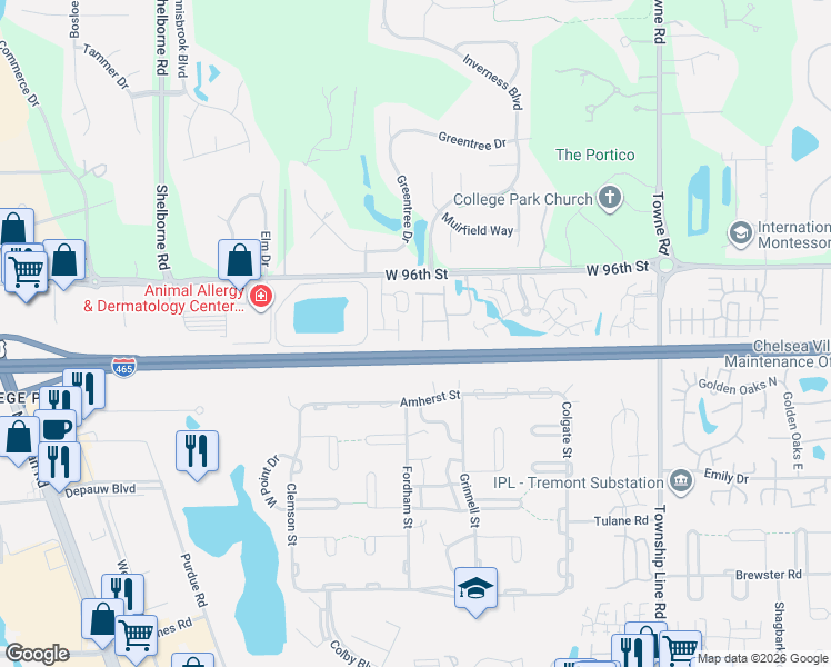 map of restaurants, bars, coffee shops, grocery stores, and more near U.S. 421 in Indianapolis