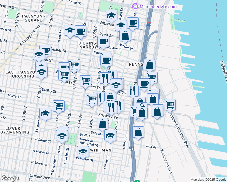 map of restaurants, bars, coffee shops, grocery stores, and more near 214 Sigel Street in Philadelphia