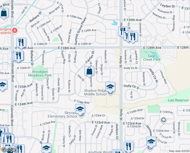 map of restaurants, bars, coffee shops, grocery stores, and more near 12616 Forest Drive in Thornton