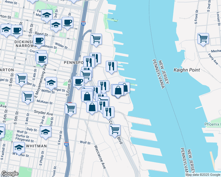 map of restaurants, bars, coffee shops, grocery stores, and more near Pier 70 Boulevard in Philadelphia