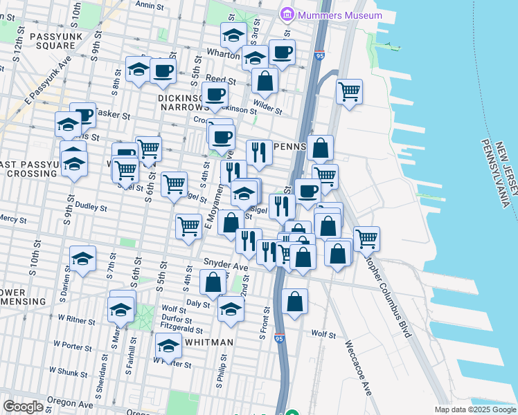 map of restaurants, bars, coffee shops, grocery stores, and more near 153 Sigel Street in Philadelphia