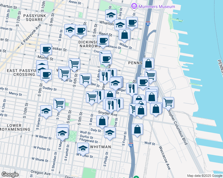map of restaurants, bars, coffee shops, grocery stores, and more near 224 Sigel Street in Philadelphia