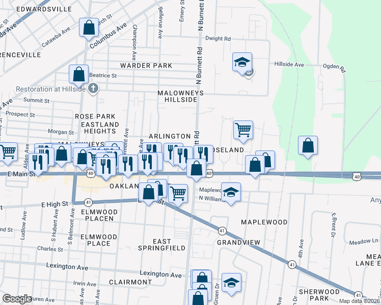 map of restaurants, bars, coffee shops, grocery stores, and more near 110 Cottage Place in Springfield