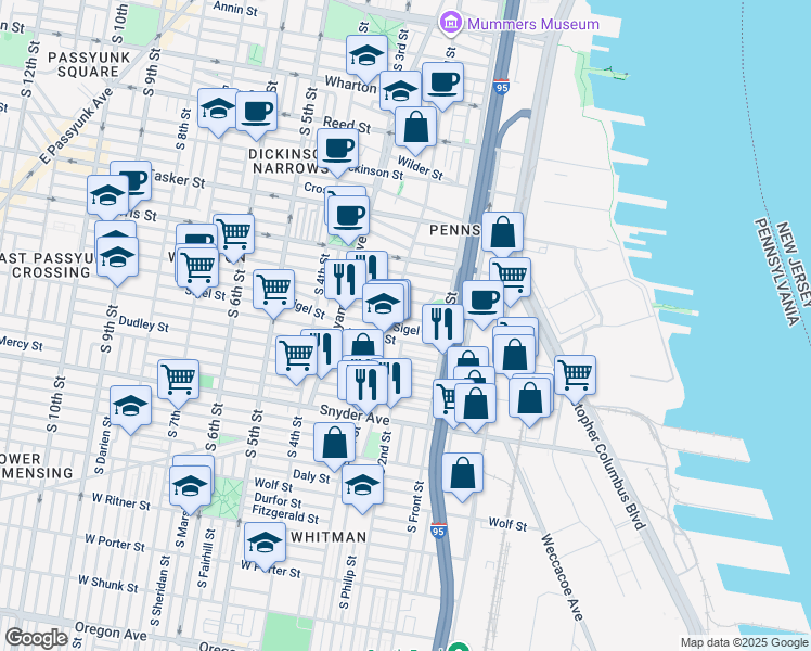 map of restaurants, bars, coffee shops, grocery stores, and more near 153 Sigel Street in Philadelphia
