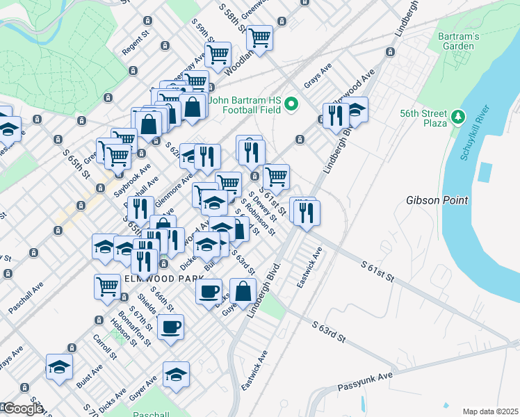 map of restaurants, bars, coffee shops, grocery stores, and more near 2548 South Dewey Street in Philadelphia