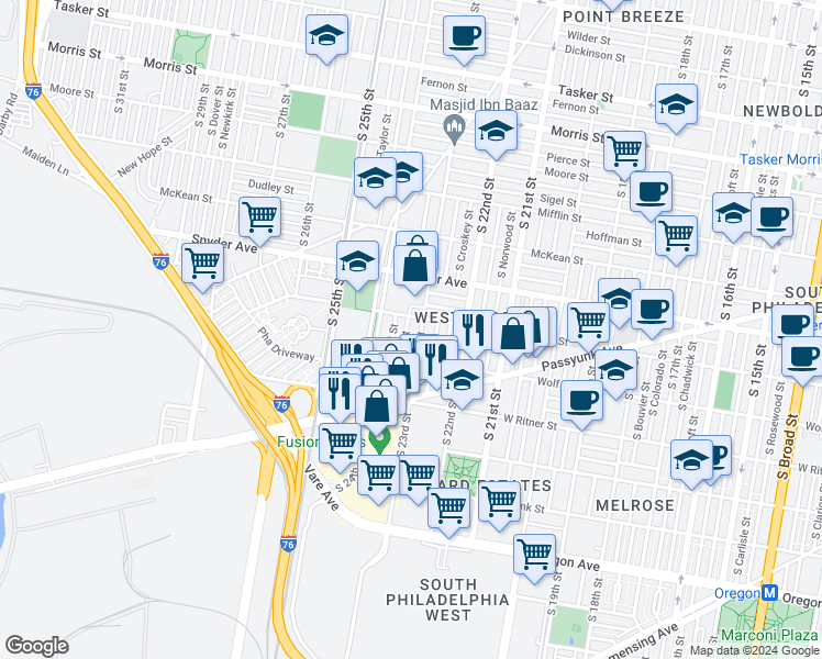 map of restaurants, bars, coffee shops, grocery stores, and more near 2215 South Bonsall Street in Philadelphia