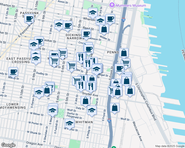 map of restaurants, bars, coffee shops, grocery stores, and more near 230 Sigel Street in Philadelphia