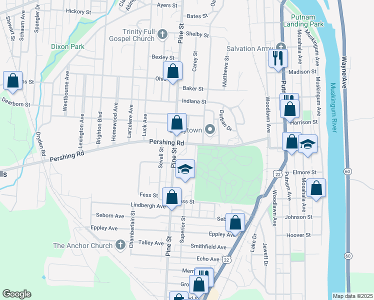 map of restaurants, bars, coffee shops, grocery stores, and more near 928 Pine Street in Zanesville