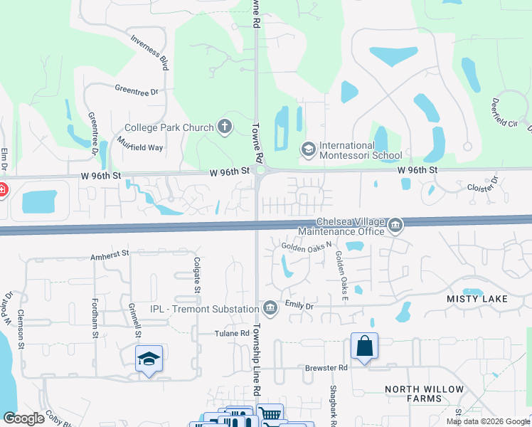 map of restaurants, bars, coffee shops, grocery stores, and more near 2318 Golden Oaks North in Indianapolis