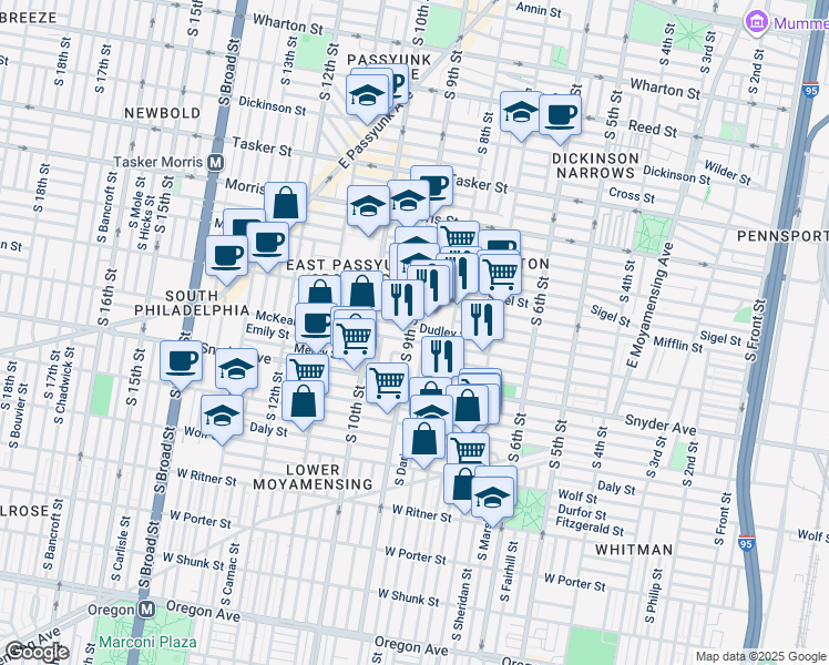 map of restaurants, bars, coffee shops, grocery stores, and more near 1937 South 9th Street in Philadelphia