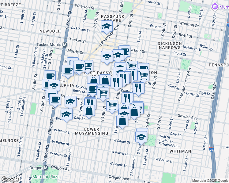 map of restaurants, bars, coffee shops, grocery stores, and more near 915 McKean Street in Philadelphia