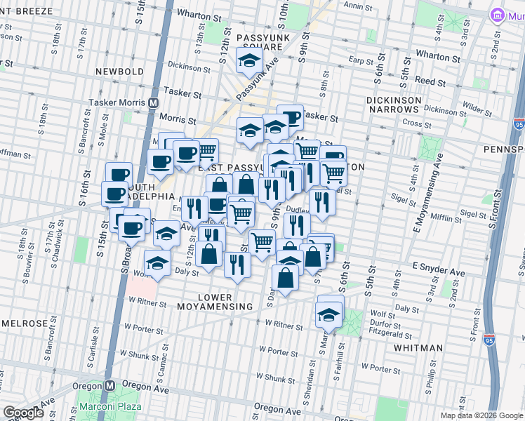 map of restaurants, bars, coffee shops, grocery stores, and more near 919 McKean Street in Philadelphia