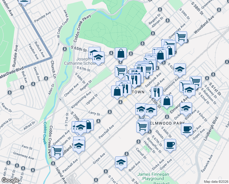 map of restaurants, bars, coffee shops, grocery stores, and more near 6653 Woodland Avenue in Philadelphia