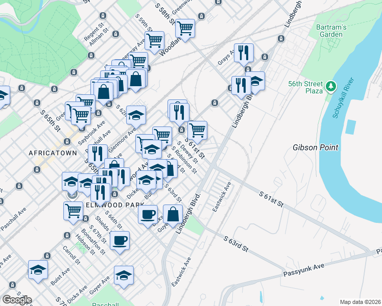 map of restaurants, bars, coffee shops, grocery stores, and more near 2622 South Dewey Street in Philadelphia