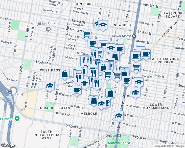 map of restaurants, bars, coffee shops, grocery stores, and more near 2112 South Bouvier Street in Philadelphia