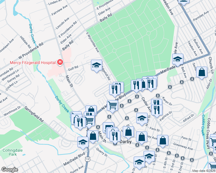 map of restaurants, bars, coffee shops, grocery stores, and more near 1233 Edgehill Road in Darby