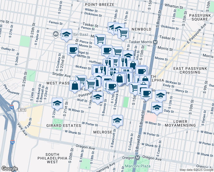 map of restaurants, bars, coffee shops, grocery stores, and more near 2112 South Bouvier Street in Philadelphia