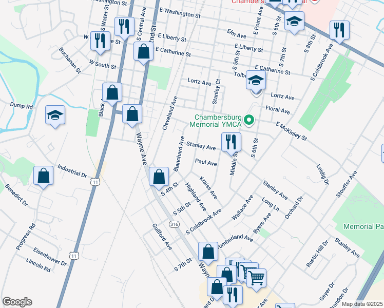 map of restaurants, bars, coffee shops, grocery stores, and more near 827 South 4th Street in Chambersburg