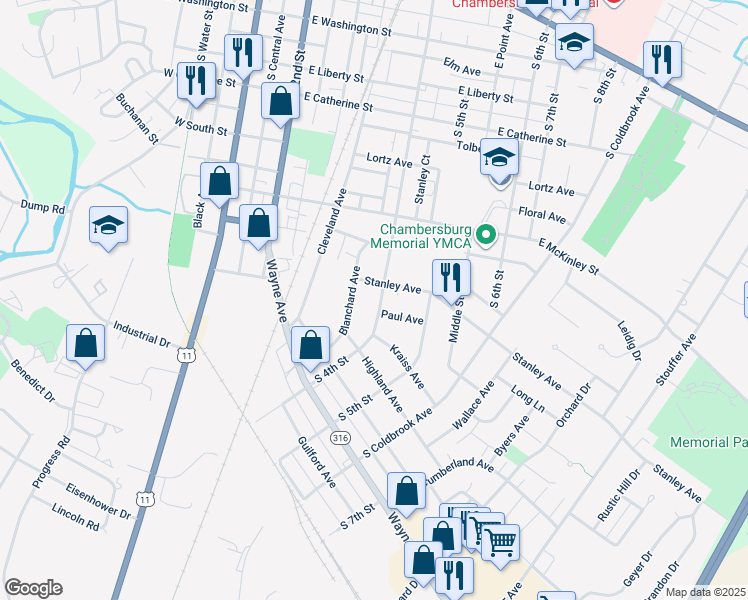 map of restaurants, bars, coffee shops, grocery stores, and more near 827 South 4th Street in Chambersburg