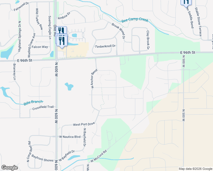 map of restaurants, bars, coffee shops, grocery stores, and more near 5572 Pelican Court in McCordsville
