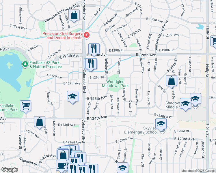 map of restaurants, bars, coffee shops, grocery stores, and more near 12600 Bellaire Street in Thornton